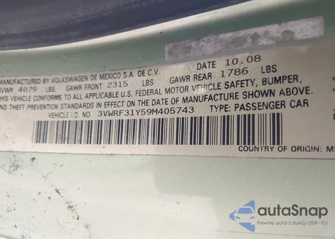 2009 Volkswagen New Beetle 2.5L from USA, damaged, VIN 3VWRF31Y59M405743